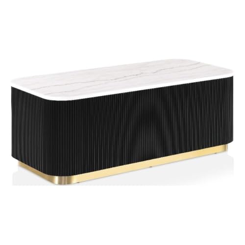 Image of Furniture of America Beryl Modern Rectangle White Genuine Marble Top Coffee Table with Fluted Pedestal Base and Gold Stainless Steel Accent, Low Profile Table for Living Room, Home Office, Black