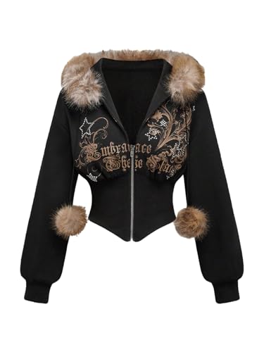 WDIRARA Womens Graphic Rhinestone Faux Fur Hoodie Long Sleeve Zip Up Hooded Jacket Black Medium