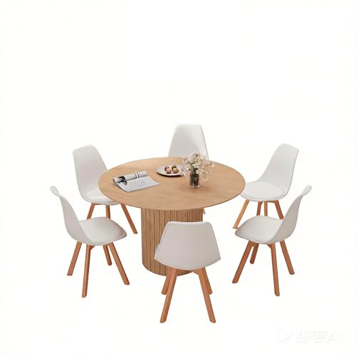 HJhomeheart Mesa de Comedor Redonda de 120 cm con 6 Sillas de Comedor, Juego de Comedor, Mesa de Cocina con Base de Madera, Sillas de Cocina de Plástico, Marrón Claro + Blanco