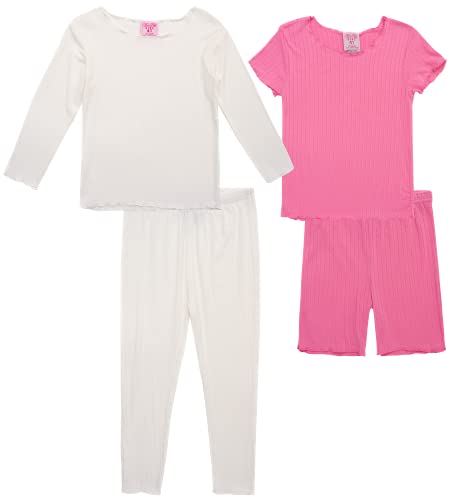 Girls' Pajama Set - 4 Piece Rib Knit Sleepwear Shirt and Joggers, Shorts (4-6X)