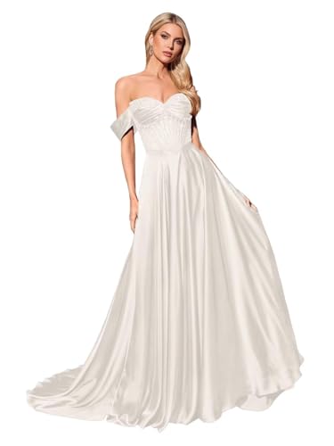 ZOOYYUE Festliches Kleid,Damen Perlen Korsett Glitzer Ballkleider Lang Schulterfrei Satin Abendkleider Elegant Für Hochzeit Mit Schlitz Elfenbein 34