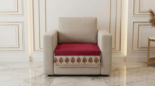 Image of Velvet Quilted Sofa Cover Mat Seat & Back, 3+1+1 Set, Total L115in H32in (3+1+1), Maroon Color,Anti Skid Backing, 6in Hanging Strap Design, Washable Soft, Style -Maroon-S311