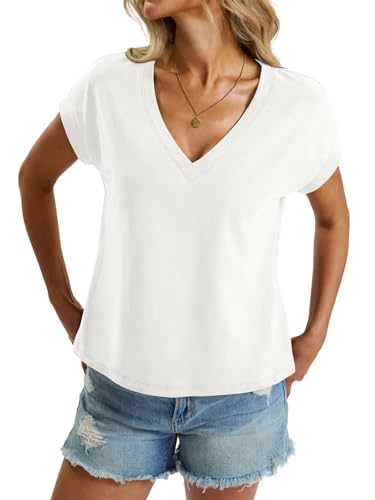 Womens Cap Sleeve Crop Tops Cotton V Neck T Shirt Boxy Loose Fit Short Sleeves Tee Summer Fashion Clothes 20252