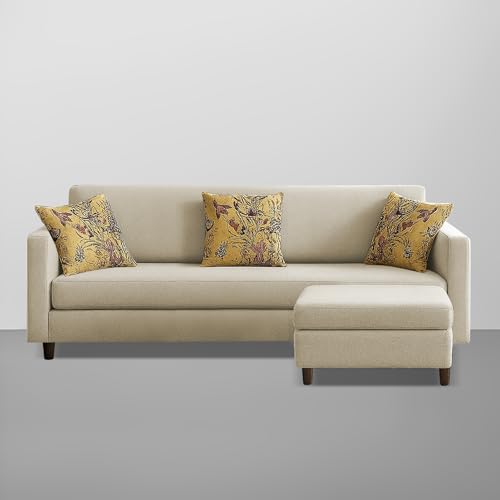 Image of Casaliving Premium Lifestyle Fabric 4 Seater L Shape Sofa Set 3 Seater Modern Sofa Set & Ottoman for Living Room (Cream Color) Premium Fabric