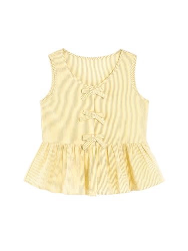Image of Girls Sleeveless Striped Shirts Bowknot Tank Tops Cotton Peplum Babydoll Top
