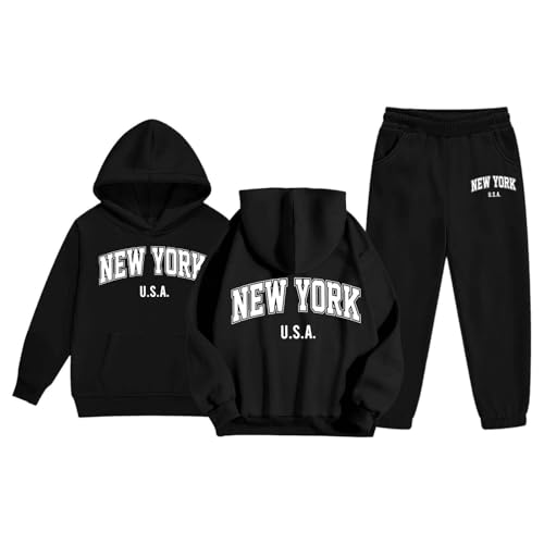 Girls Jogger Set - 2 Piece New York Letter Print Graphic Pullover Hoodie Sweatshirt Sweatpants Sweatsuit Outfits 2-13Years4