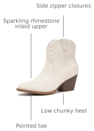 Image of YAYONE Rhinestone Zipper Sparkly Ankle Boots - Glitter Pointed Toe Fashion Comfortable Shoes, Pull on Chunky Heel Western Boots