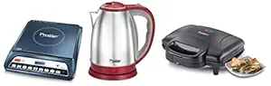 Prestige PIC 20 1600 Watt Induction Cooktop with Push button (Black)&Prestige Sandwich Maker PGMFD 01&Prestige 1.5 Litre Kettle 1500-watts, Red