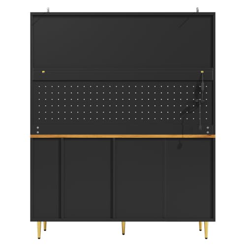 Armario alto para salón, iluminación LED, sistema de estanterías de altura ajustable, puertas correderas de cristal, botellero, solución de almacenamiento modular, negro, 145 × 39 × 171 cm