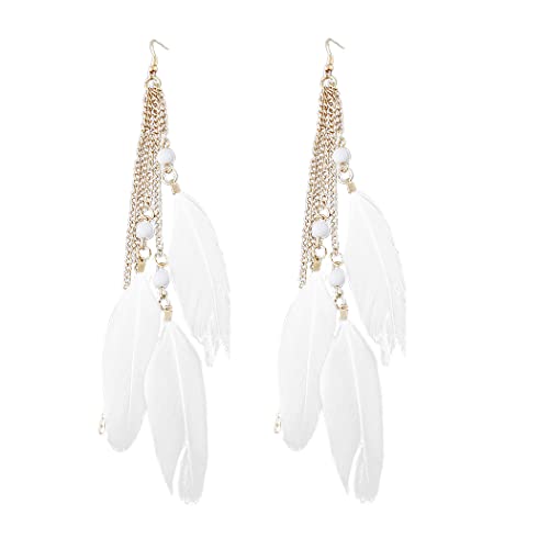 1 Pair Feather Dangle Earrings Bohemian Style Women Jewelry 3 Big Feather Tassel Hook Ear Stud Earrings with Beads- White