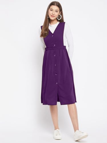 Image of WineRed Women Soild Pinafore Dress with Button