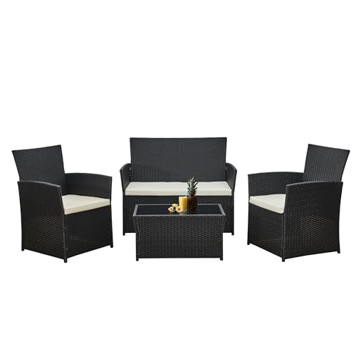 Aweather Rattan Garden Furniture Set Outdoor 4 Seater Patio Conversation Sets with Glass Top Coffee...