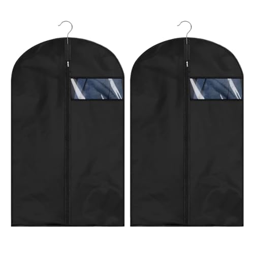 TRKETK 2 Pcs Suit Covers, Clothes Cover Fold-Able Washable Garment Bags Dust-Proof Clothes Covers with Clear Window Black Zipper Garment Bag for Suit Coat Jacket Home Wardrobe Storage (24'' x 40'')