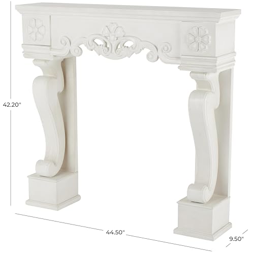 Image of Deco 79 Wooden Scroll Fireplace Mantle Freestanding with Floral Accents, 45 inch x 10 inch x 42 inch, White