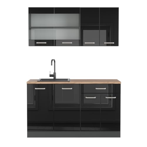 Vicco Küchenzeile R-Line, Schwarz Hochglanz, 140 cm, AP Eiche, zur flexiblen Erweiterung mit weiteren Modulen geeignet