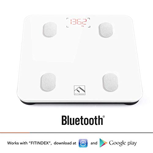 FITINDEX Bluetooth Body Fat Scale, Smart Wireless BMI Bathroom Weight Scale Body Composition Monitor Health Analyzer with Smartphone App for Body Weight, Fat, Water, BMI, BMR, Muscle Mass - White