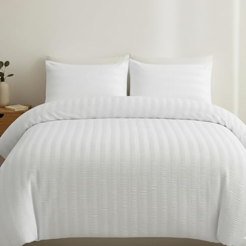 Q & H QUALITY HOUSEHOLD Q&H - Seersucker Duvet Cover Set With Pillow Pair Cases - Ultra Soft Comfy Polycotton Duvet Bed Set - Machine Washable & Breathable Comforter Sets (White, Double (200x200cm)