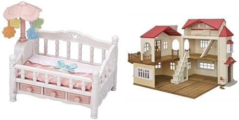 Calico Critters Crib with Mobile Dollhouse Furniture Set & Red Roof Country Home Secret Attic Playroom House Bundle