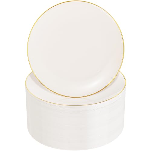 Nervure 100Pcs Ivory and Gold Plastic Plates - 7.5inch Disposable Ivory Dessert/Salad Plates - Heavy Duty Plastic Plate Ideal for Wedding & Party & Thanksgiving