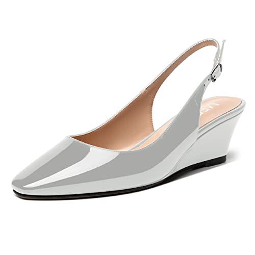 MERRORI Women's Office Solid Square Toe Patent Buckle Slingback Casual Wedge Low Heel Pumps Shoes 2 Inch
