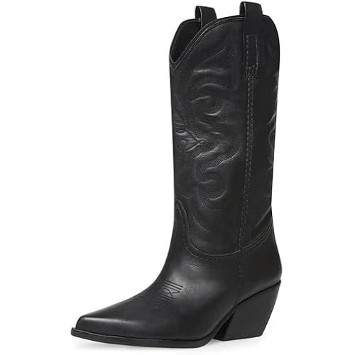 Steve Madden West Black/White Pull On Pointed Toe Block Heel Western Boots