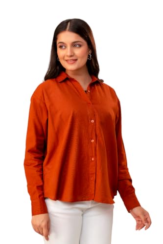 Image of Women's Linen Blend Shirt | Casual Collared Button Down Shirt for Women | Solid Color Full Sleeve Oversized Fit | Summer Casual & Office Wear Top