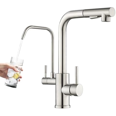 ROVOGO Kitchen Sink Faucet with Pull Out Sprayer & Drinking Water Faucet, Kitchen Faucet with Filtered Water Spout for Water Filtration System, Dual Handle Single Hole, 304 Stainless Steel, Brushed Cover