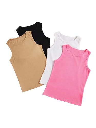 Milumia Girl's 4 Pack Solid Ribbed Knit Tank Tops Sleeveless Crew Neck Basic Undershirts - Main Image