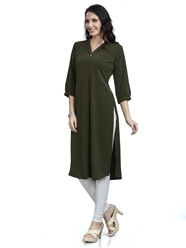 Image of nioni Women's Straight Solid Kurti with V-Fold Neck | Rayon Lycra Material | Fashionable Micro Pleates | 3 /4th Sleeve Kurta for Woman & Girls (S to 2XL)
