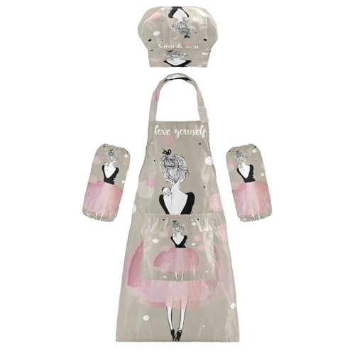 Kids Apron Chef Hat Set Adjustable Bib Aprons with Pockets Beautiful Girl for Cooking Baking Painting Age 7-12