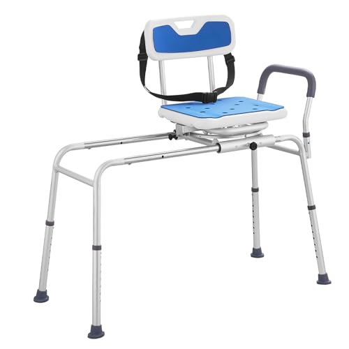 VEVOR Sliding Tub Transfer Bench with 360 Degree Swivel Seat, Height Adjustable Bathtub Transfer Bench with Armrest & Safety Belt, Non-Slip Rotating Shower Chair for Elderly Disabled, 400LBS Capacity