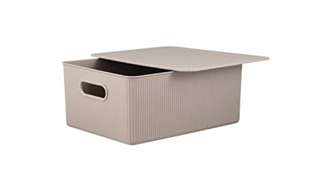 Superio Ribbed Collection - Decorative Plastic Lidded Home Storage Bins Organizer Baskets, Large Taupe (1 Pack - 15 Liter) Stackable Container Box, for Organizing Closet Shelves Drawer Shelf