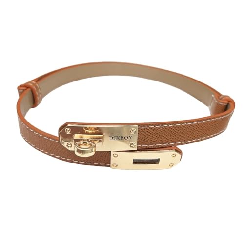 DJXRQY Leather Skinny Belt for Women, Brown with Gold Metal Turn-Lock Buckle, Adjustable Waist Belt for Dresses2
