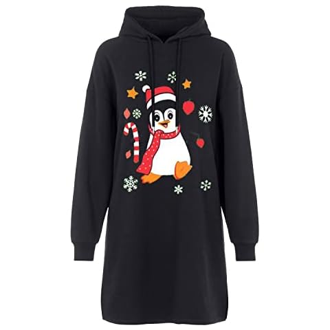 NetSetUK Womens Christmas Print Hooded Long Length Sweatshirt Ladies Xmas Printed Jumper Design3-HoodedSweatshirt-black Scarf Penguin UK 12-14 Cover