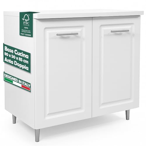 Shally Dogan Mobile Base per Cucina con Due Ante e Due Scomparti Design Boiserie, Mobiletto con Struttura in Legno Robusta e Resistente, Mobile Componibile, 80 x 50 x 85H cm (Bianco)