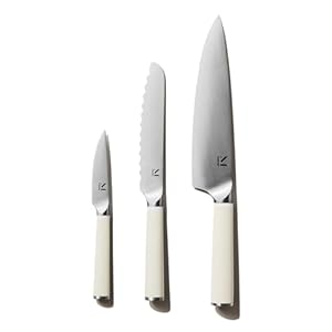 Material Kitchen Knife Set, 8 inch Chef Knife, 6 inch Serrated Bread Knife, 4 inch Small Paring Knife, Japanese Inspired Carbon Stainless Steel Knife Set, Sharp Professional Chef’s Knife, Cool Neutral