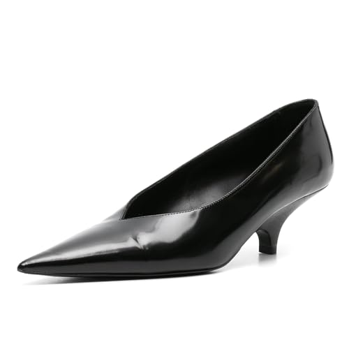 Lutalica W Women's Trendy Pointed Toe Patent Leather V-Cut Upper Unique Low Heel Dress Pumps Shoes