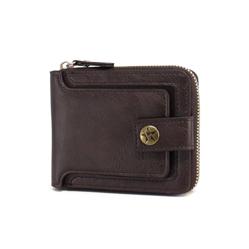 FuninCrea Carteras para Hombre, Billeteras Hombre con Cremallera y Hebilla, Múltiples Compartimentos Monedero Hombres Pequeña con Ventanillas de ID para Tarjetas Efectivo Monedas (Café)