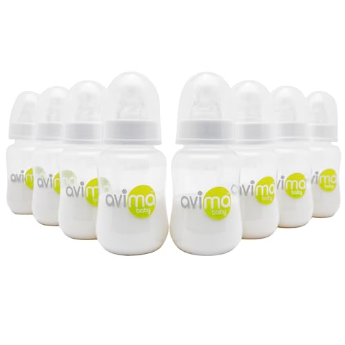 Image of Avima 4 oz Anti Colic Baby Bottle Set - Slow Flow Nipples Included, Standard Neck, BPA Free - Newborn 0-3 Months, Stage 1 Feeding for Gas, Spit Up & Colic (Set of 8)