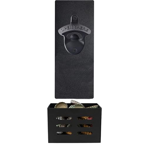 HAIICEN Magnetic Bottle Opener Wall Mount Beer Top Opener with Cap Catcher Bucket and Black Plate Stuck on Fridge Cooler RV