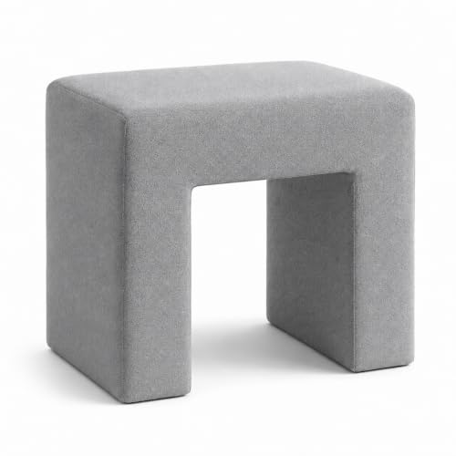 Image of Kundi Modern Boucle Vanity Stool Chair with Wooden Legs - Soft Ottoman Footstool for Makeup Room, Living Room, Entryway & Office (White) (Dark Grey)