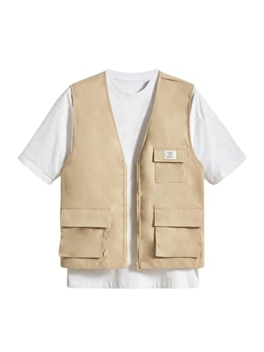 Image of OYOANGLE Men's Sleeveless V Neck Zip Up Cargo Vest Letter Patched Flap Pocket Vest Coat Outerwear