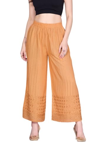 Image of VIVIKA Chikankari Palazzo Pants for Women |Rayon Wide Leg Ethnic Palazo with Embroidery | Comfortable Elastic Waist Women's Palazzo for Casual, Festive & Office Wear