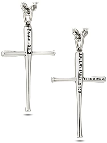 Shields of Strength Men's Stainless Steel Baseball Bat Cross Necklace-Psalm 56:3