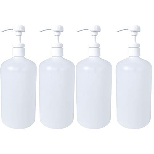 kelkaa 32oz HDPE Plastic Bottles with White Industrial Smooth Lotion Pump for Shampoo, Conditioner, Body Soap, Lotion, Multi-Purpose Empty Refillable Boston Round Bottles (Pack of 4)