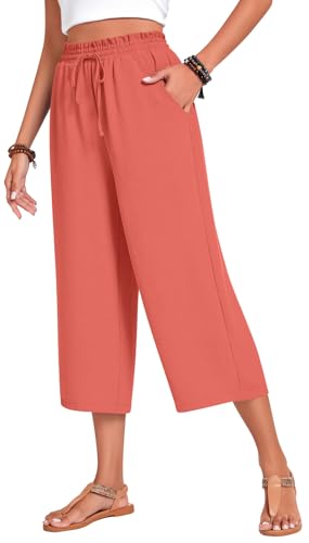 Image of Anyhold Women's Capri Pants Drawstring Casual Palazzo Trousers with Pockets Loose High Waisted Wide Leg Lounge Pants