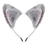 Cat Fox Ears Headband for Women Girls Halloween Cosplay Cat Costume Faux Fur Hair Accessories for Adult Kids (Gray & Pink)