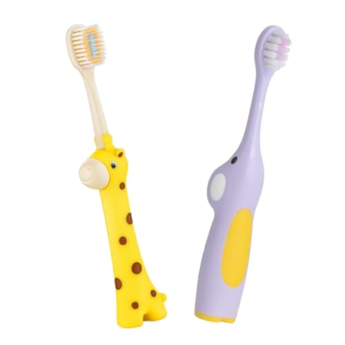 Image of BeeBaby Brush Buddy Baby Toothbrush for Kids 3-6 Years, Ultra Soft Tapered Bristles Toddler Toothbrush for Milk & Permanent Teeth, BPA Free Easy Grip Toothbrush for Sensitive Gums, Pack of 2. Giraffe Yellow Elephant Violet