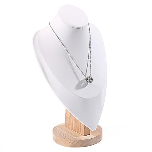 TANG SONG 12.2'' Wooden Bottom Leather Soft Mat Portrait Necklace Display Stand NecklaceOrganizer Holder (White)