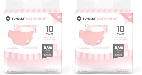 Image of SUNKISS Masterpiece Adult Diapers with Tabs, Unisex Disposable Incontinence Briefs for Women and Men, Odor Control, Pink, Small /Medium, Previously Medium,10 Count (Pack of 2)